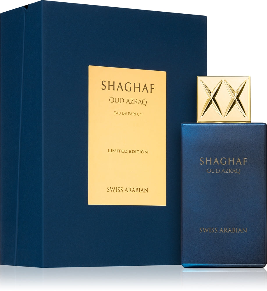 Shaghaf Oud Azraq de Swiss Arabian, Eau de Parfum de 75 ml, frasco y caja