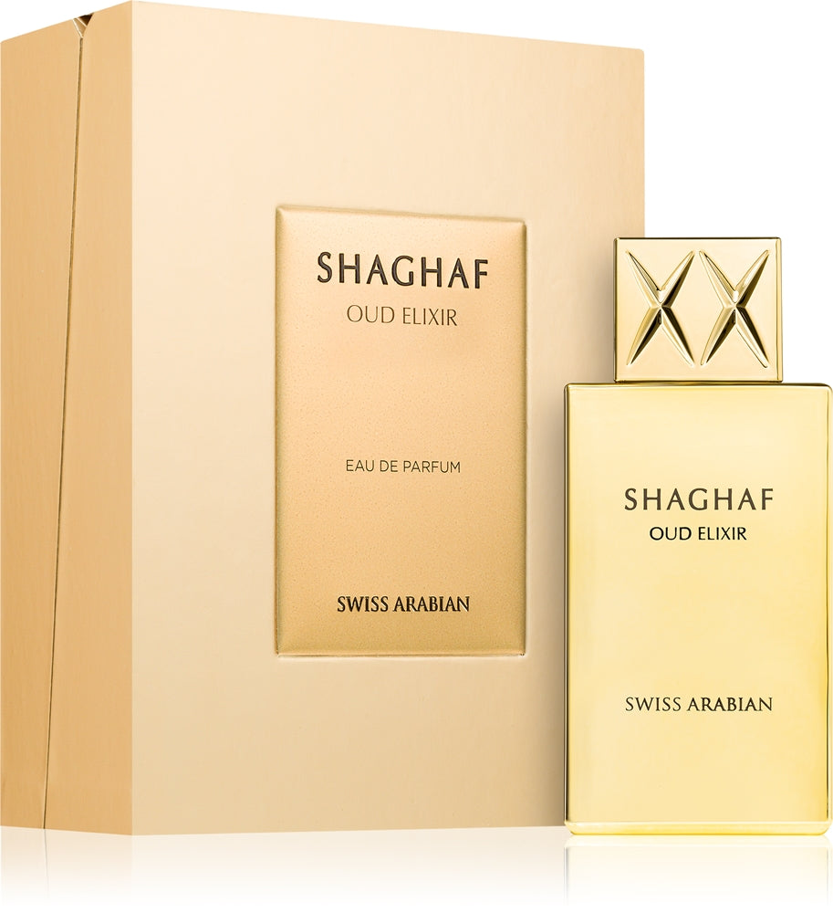 Shaghaf Oud Elixir de Swiss Arabian, Eau de Parfum de 75 ml, frasco y caja