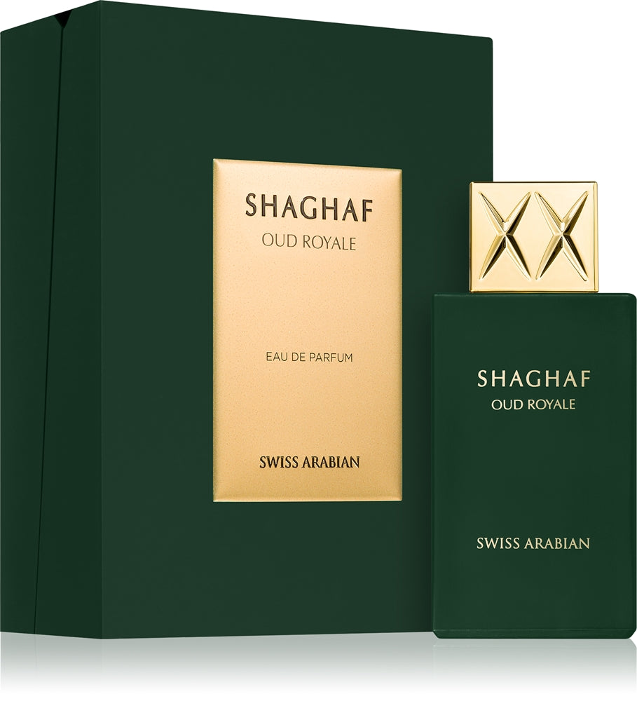 Shaghaf Oud Royale de Swiss Arabian, Eau de Parfum de 75 ml, frasco y caja