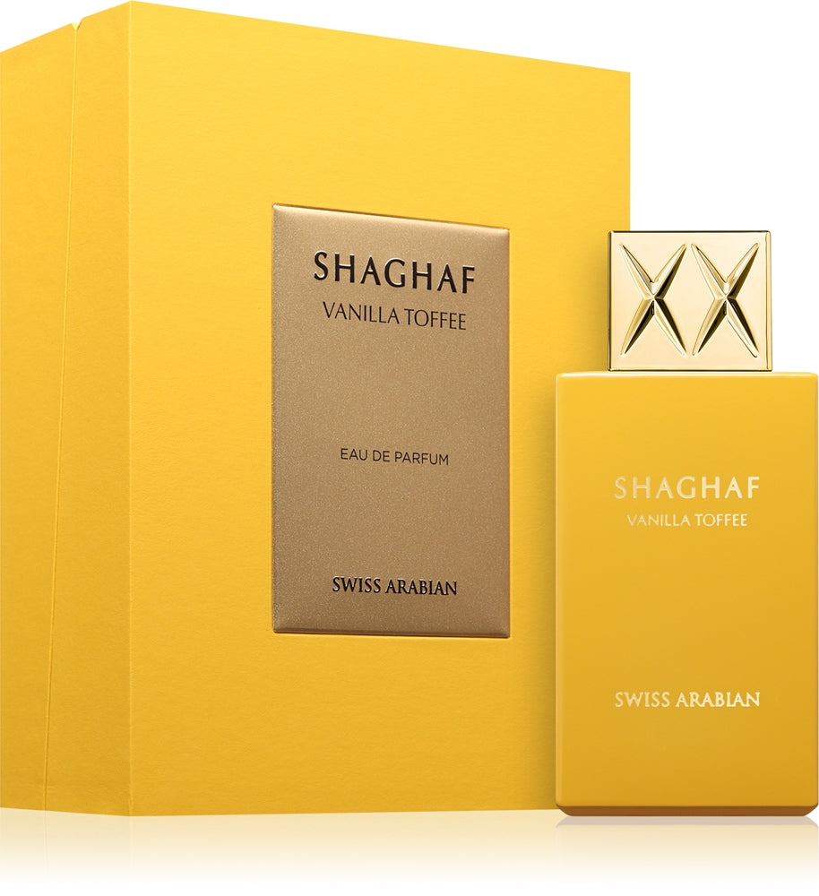 Shaghaf Vanilla Toffee de Swiss Arabian, Eau de Parfum de 75 ml, frasco y caja