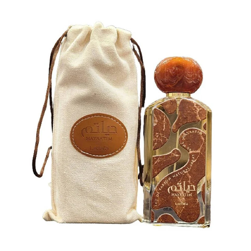 Frasco y funda de Lattafa Hayaatim